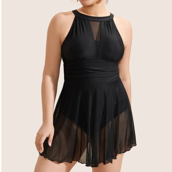 BloomChic Plus Size Knotted Back Mesh Insert Halter Swim Dress 2XL - Picture 2 of 5